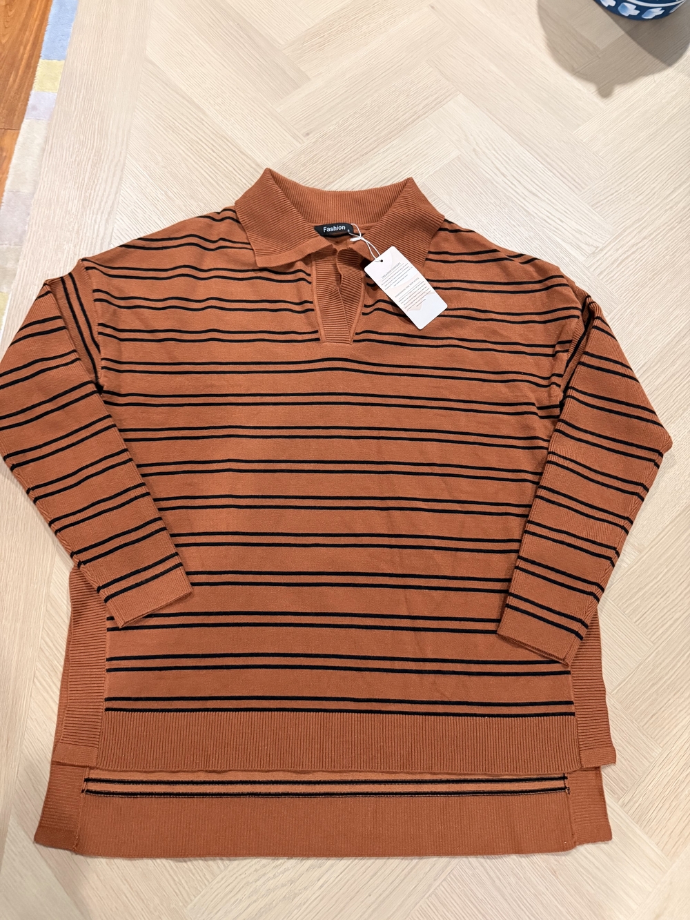 Striped Rust Womens Sweater with Black Lines Small